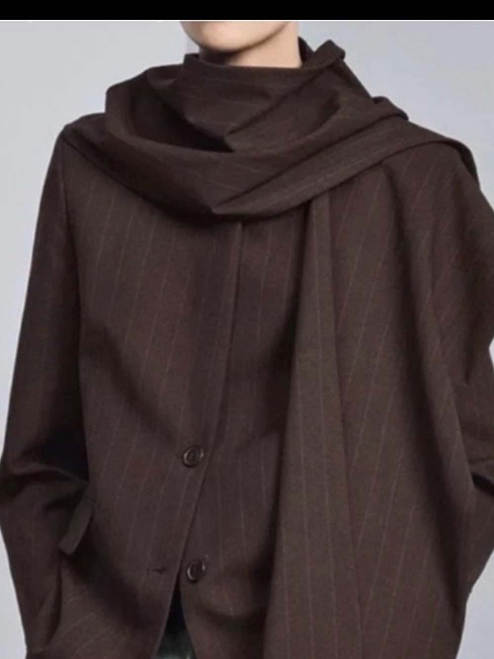 Zara Dark Brown Pinstripe Draped Shawl Blazer